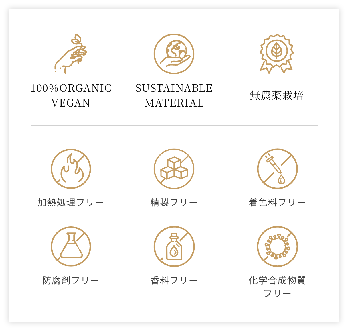 100%オーガニック・ヴィーガン、サステナブル素材、無農薬栽培、加熱処理フリー・精製フリー・着色料フリー・防腐剤フリー・香料フリー・化学合成物質フリーを示すアイコン一覧